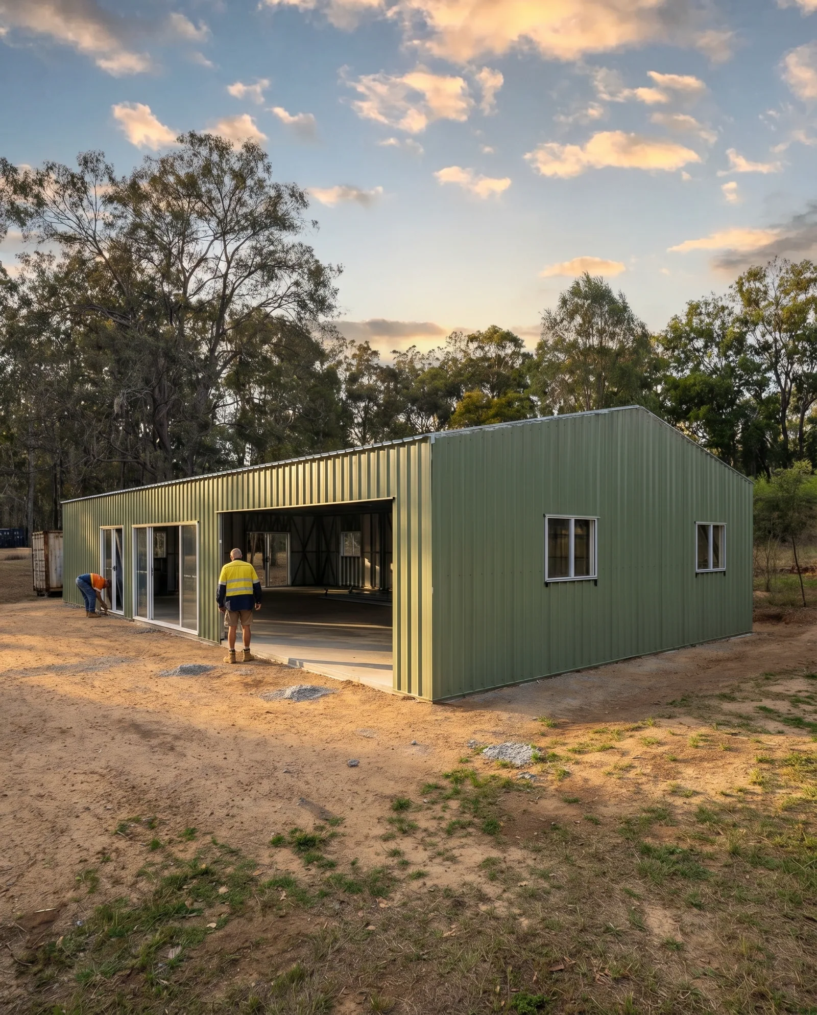 Workers at a completed shed build
